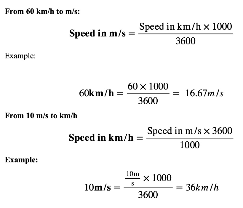 Examples for different units of speed